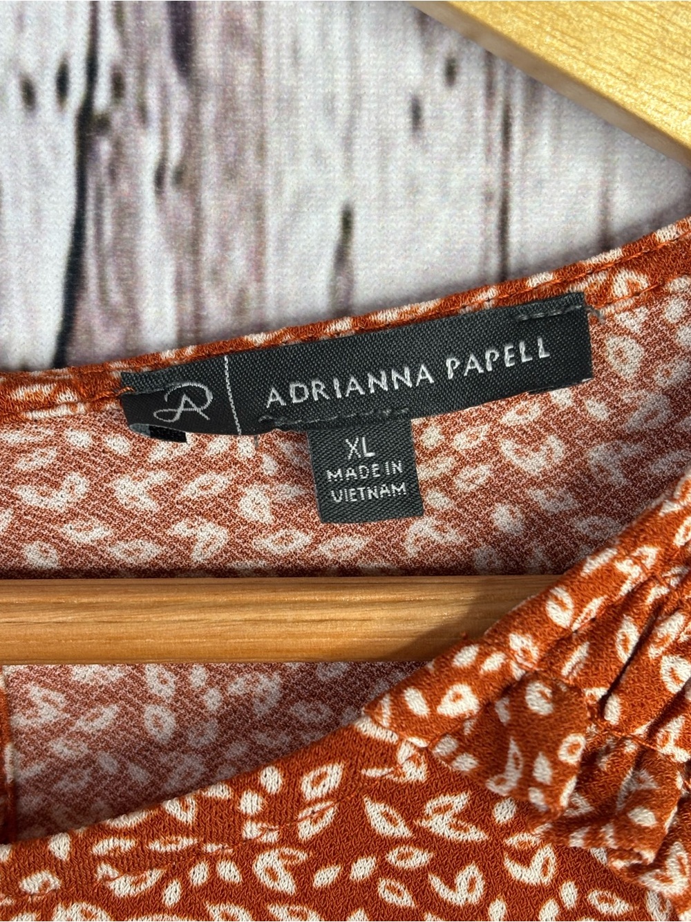 Adrianna Papell Women’s XL Rust Orange Blouse Leaf Print 3/4 Sleeves Shirred Top - Picture 4 of 14